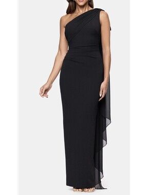 New Xscape Scarf Detail One-Shoulder Scuba Crepe Sheath Gown Black Size 6 $248